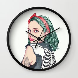 Emerald Wall Clock | Colorpencils, People, Red, Illustration, Denim, Girl, Mixed Media, Green, Acidwashvest, Pop Art 