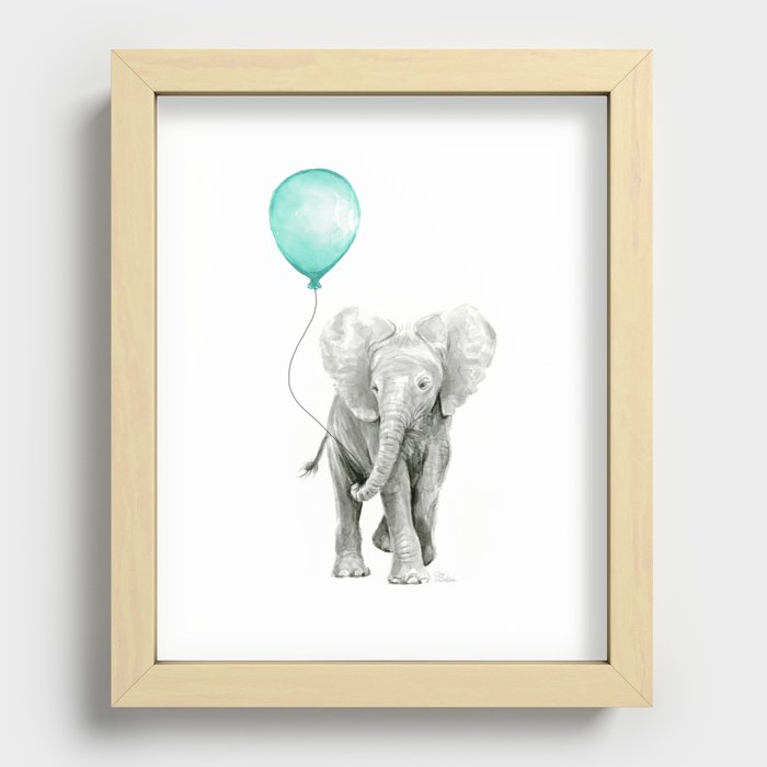 Baby Elephant with Aqua Balloon Recessed Framed Print