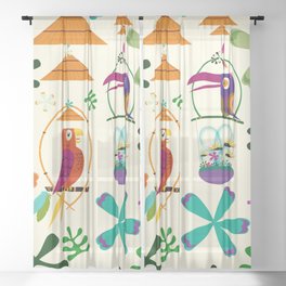 Vintage Modern Tiki Birds Sheer Curtain