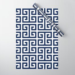 Dark Navy Blue and White Greek Key Pattern Wrapping Paper