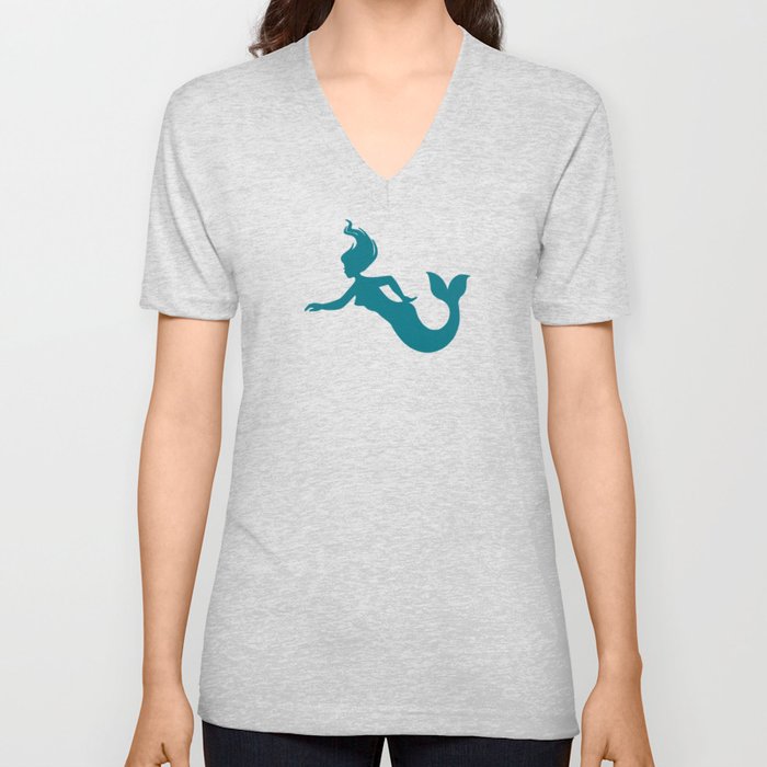 Teal Mermaid Silhouette Drawing on Underwater Painting V Neck T Shirt