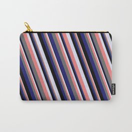 [ Thumbnail: Eye-catching Lavender, Light Coral, Dim Gray, Midnight Blue & Black Colored Striped/Lined Pattern Carry-All Pouch ]
