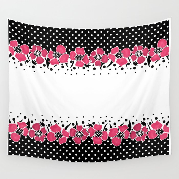 Red Flowers On The Background With Black Polka Dots Wall Tapestry By Fuzzyfox85