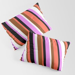 [ Thumbnail: Red, Brown, White, Violet & Black Colored Lined Pattern Pillow Sham ]
