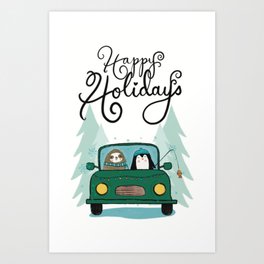 Cozy Happy Holidays Critters Sloth & Penguin Buggy  Art Print