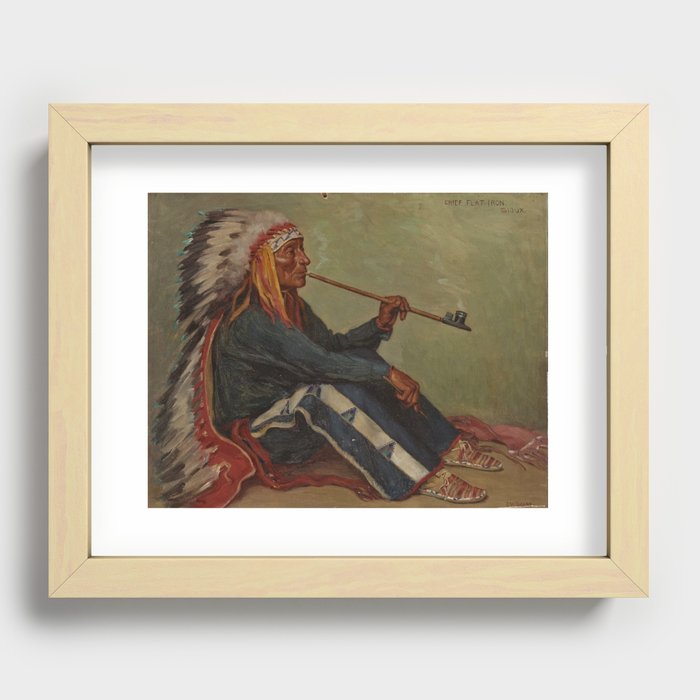 Full portrait of Chief Flat Iron smoking peace pipe Sioux First Nations American Indian portrait painting by Joseph Henry Sharp Recessed Framed Print