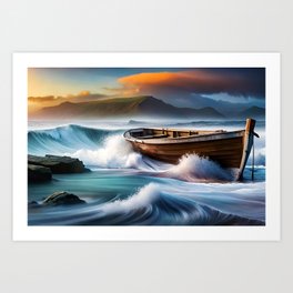 Boat Caught In Stormy Seas  Art Print