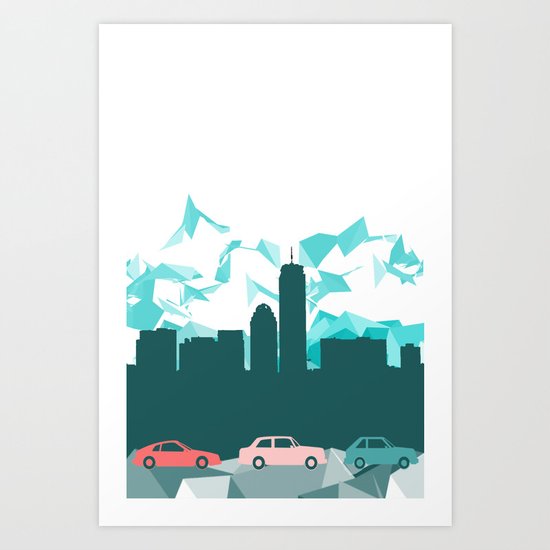 City, mountain and cars Art Print