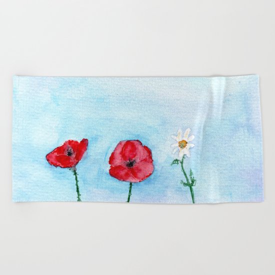 Two poppies and a daisy || watercolor Beach Towel