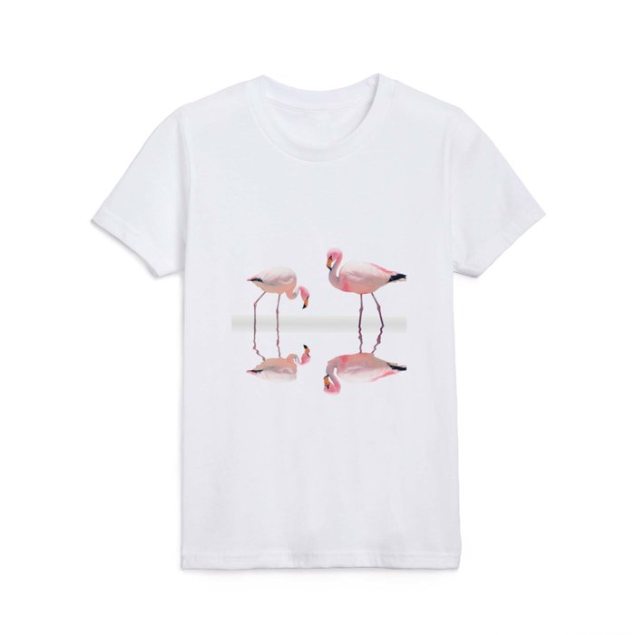Pink Flamingo Couple Reflection White Background | Bolivia Salar de Uyuni Kids T Shirt
