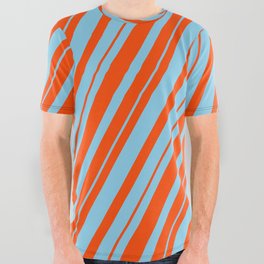 [ Thumbnail: Sky Blue and Red Colored Lined Pattern All Over Graphic Tee ]