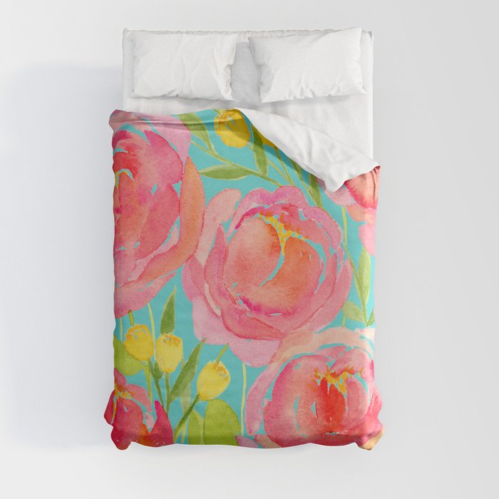 Pink Peonies On Turquoise - Watercolor Floral Print  Duvet Cover