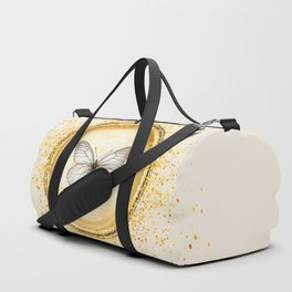 Hand-Drawn Butterfly Gold Circle Pendant on Ecru Off-White Duffle Bag