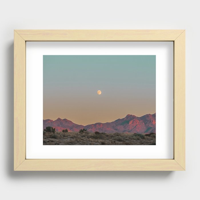 Sunset Moon Ridge // Grainy Red Mountain Range Desert Landscape Photography Yellow Fullmoon Blue Sky Recessed Framed Print