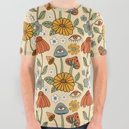 70s Psychedelic Mushrooms & Florals All Over Graphic Tee