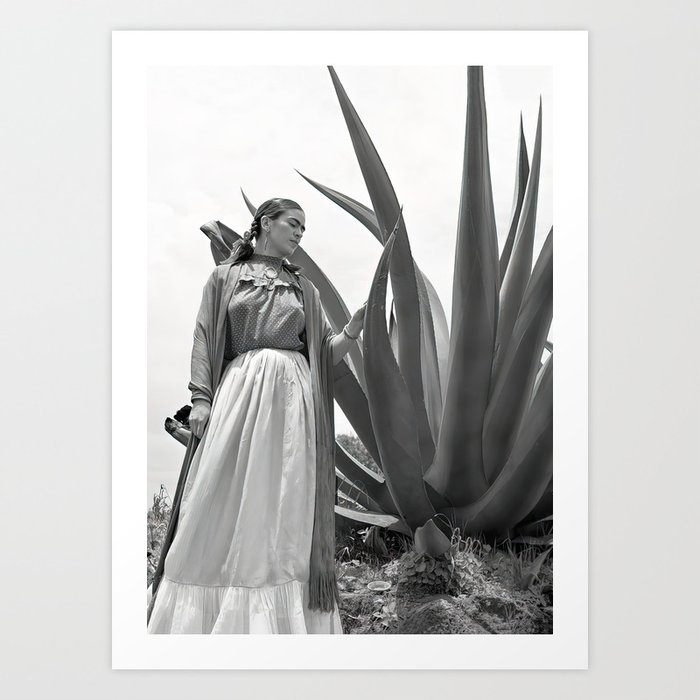 Frida Kahlo and Agave Plant, Black and White, Vintage Art Art Print