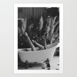 Cheers to yesterday; girl with feet up in the bathtub with champagne glass in hand black and white photograph - photography - photographs Art Print
