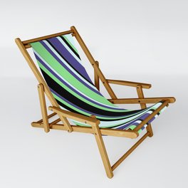 [ Thumbnail: Dark Slate Blue, Light Green, Black, and Light Cyan Colored Lined Pattern Sling Chair ]