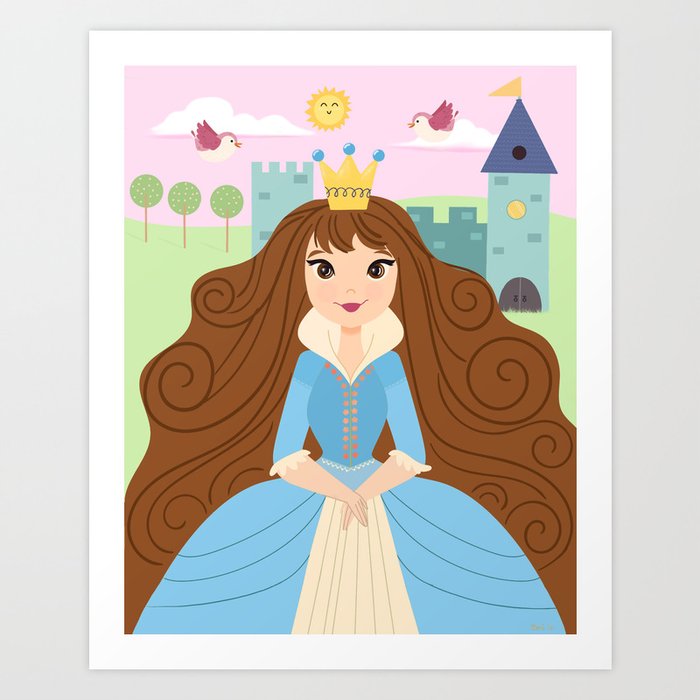 Fairy Tale Princess With Her Story Book Castle Blue Dress Art