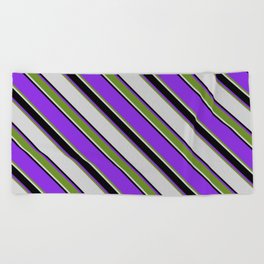 [ Thumbnail: Purple, Green, Light Gray & Black Colored Lines/Stripes Pattern Beach Towel ]
