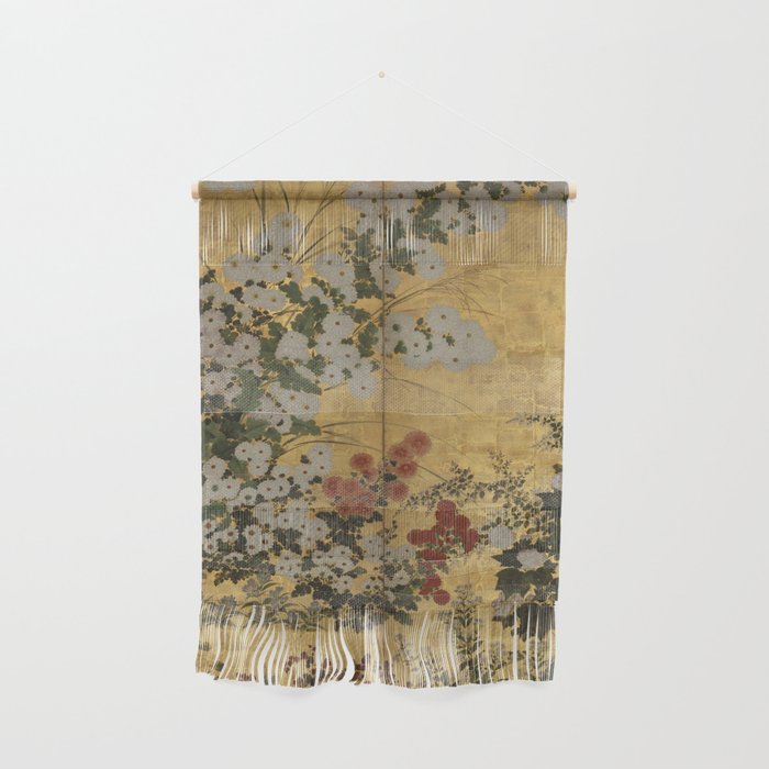 Red White Chrysanthemums Vintage Floral Japanese Gold Leaf Screen Wall Hanging