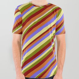 [ Thumbnail: Eyecatching Medium Slate Blue, Tan, Green, Dark Red & Chocolate Colored Striped/Lined Pattern All Over Graphic Tee ]
