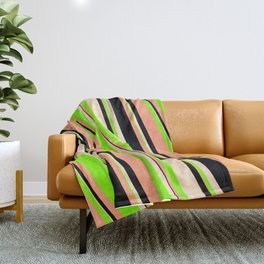 [ Thumbnail: Light Salmon, Black, Bisque & Chartreuse Colored Striped/Lined Pattern Throw Blanket ]