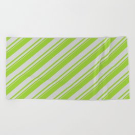 [ Thumbnail: Green & Light Grey Colored Lined Pattern Beach Towel ]
