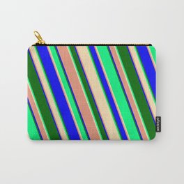 [ Thumbnail: Green, Beige, Dark Salmon, Blue & Dark Green Colored Striped/Lined Pattern Carry-All Pouch ]