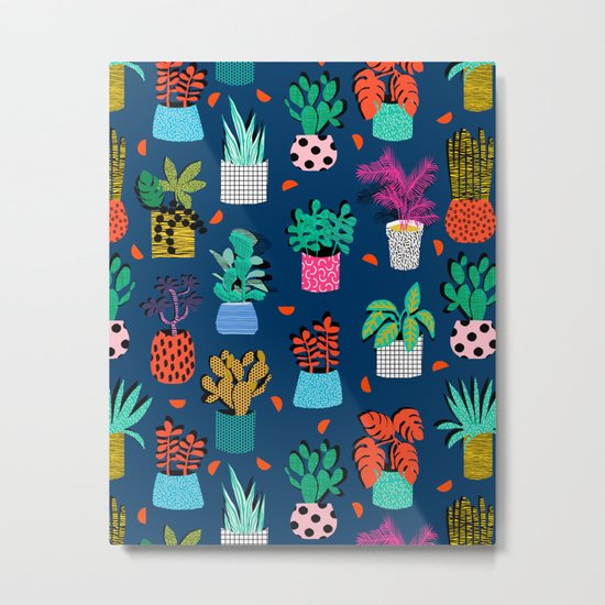 Check It - house plants indoor monstera neon bright modern pattern retro throwback memphis style Metal Print