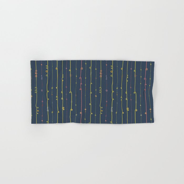 Curly doodle stripes pink and lime on a dark blue background Hand & Bath Towel