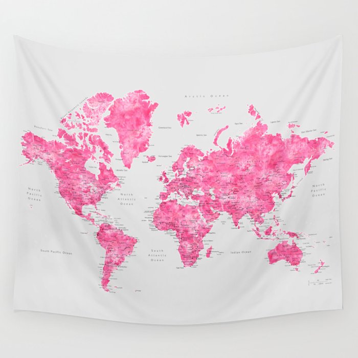 Pink watercolor world map with cities - PRINTS IN SIZES L & XL ONLY ...