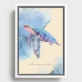 Blue Water Coloured Sea Turtle Framed Canvas