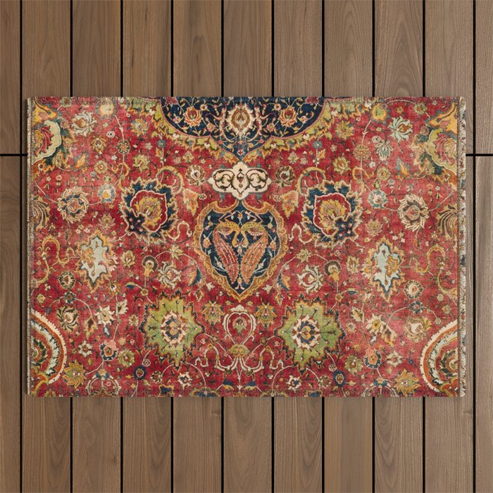 Indian Boho II // 16th Century Distressed Red Green Blue Flowery Colorful Ornate Rug Pattern Outdoor Rug