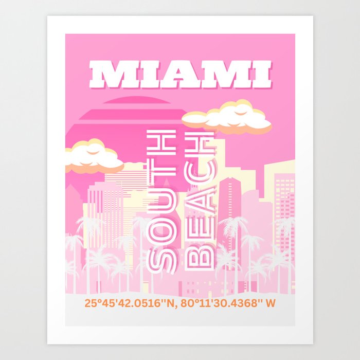 Miami Beach, Miami Travel Art, Preppy, Pink Art Print