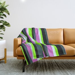 [ Thumbnail: Dark Slate Gray, Orchid, Light Cyan, Chartreuse & Black Colored Lines/Stripes Pattern Throw Blanket ]