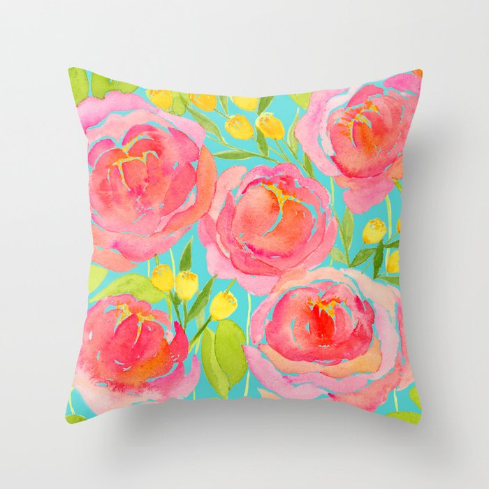 Pink Peonies On Turquoise - Watercolor Floral Print  Throw Pillow