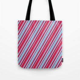 [ Thumbnail: Crimson & Sky Blue Colored Lines Pattern Tote Bag ]