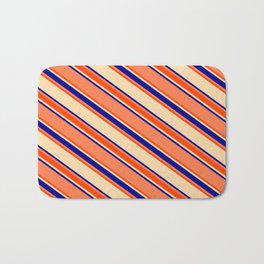 [ Thumbnail: Coral, Red, Tan, and Dark Blue Colored Lines/Stripes Pattern Bath Mat ]