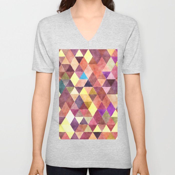Geometrical Purple Burgundy Yellow Watercolor Argyle Pattern V Neck T Shirt