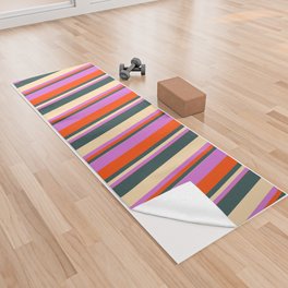 [ Thumbnail: Tan, Dark Slate Gray, Red & Orchid Colored Lined/Striped Pattern Yoga Towel ]