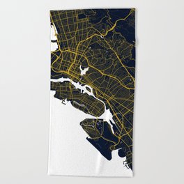 Oakland City Map of California, USA - Gold Art Deco Beach Towel