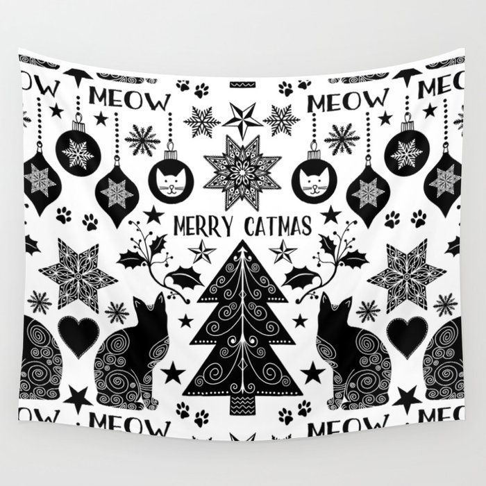 Merry Catmas Folk Art X-mas Pattern Wall Tapestry