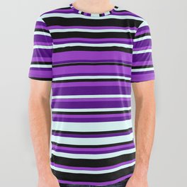 [ Thumbnail: Dark Orchid, Indigo, Light Cyan, and Black Colored Striped/Lined Pattern All Over Graphic Tee ]