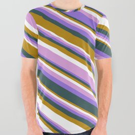 [ Thumbnail: Colorful Dark Goldenrod, White, Plum, Purple & Dark Slate Gray Colored Lines/Stripes Pattern All Over Graphic Tee ]