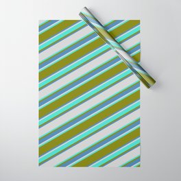 [ Thumbnail: Green, Blue, Light Gray & Turquoise Colored Striped Pattern Wrapping Paper ]
