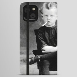 Smoking Boy with Chicken black and white photograph - photography - photographs iPhone Wallet Case