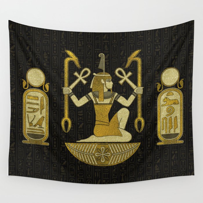 Egyptian Ornament Gold on black with hieroglyphs Wall Tapestry