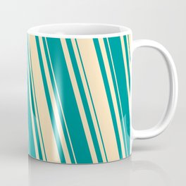 [ Thumbnail: Beige & Dark Cyan Colored Lines/Stripes Pattern Coffee Mug ]