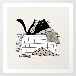 Black Cat in Messy Laundry Basket - Neutral Palette Art Print
